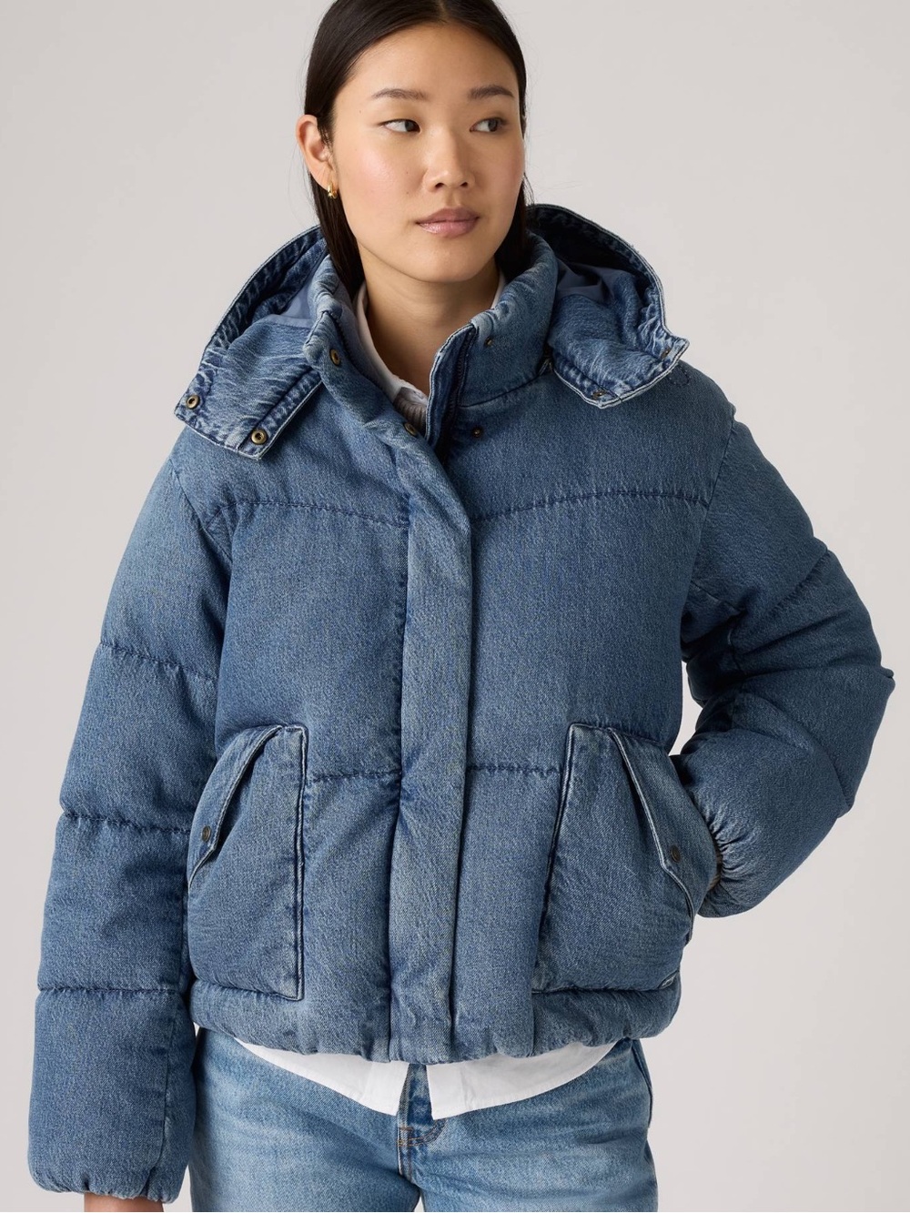 Levi’s Western Bubble Shortie Women’s Denim Puffer Jacket w/ Hood Blue NWT